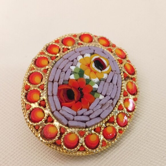 Vtg Italian Micro Mosaic Floral Oval Brooch Red Yellow Accents Gold Tone Pin - Picture 11 of 13